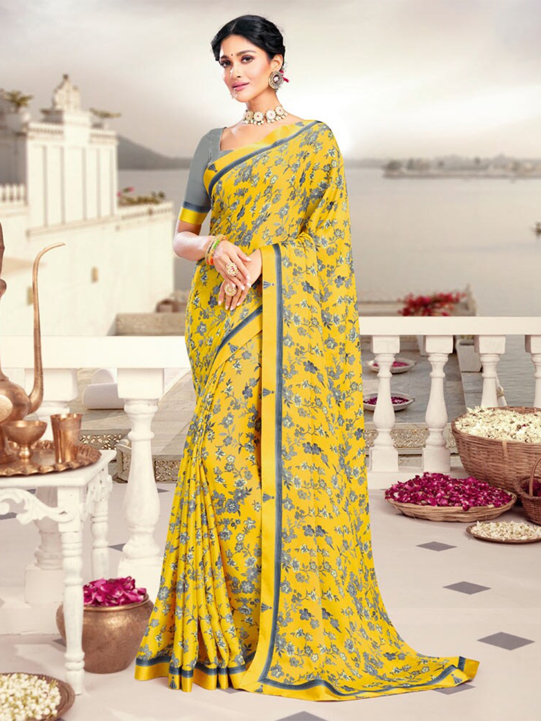 

Vishal Prints Floral Embroidered Poly Crepe Saree With Blouse Piece, Yellow