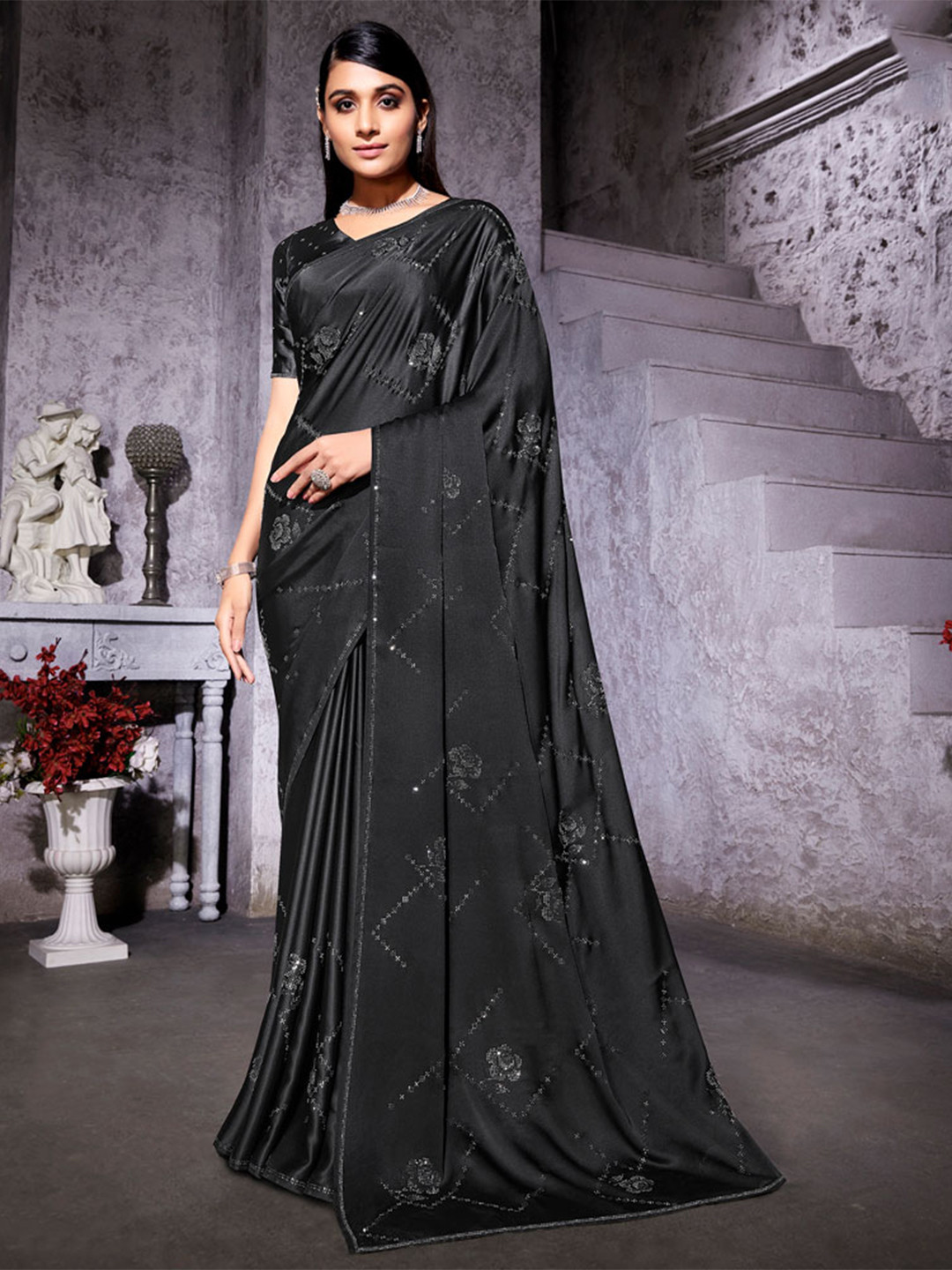 

Vishal Prints Beads and Stones Embellished Satin Saree, Black