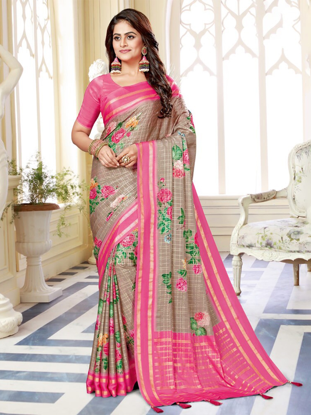 

Vishal Prints Floral printed Satin Saree, Beige