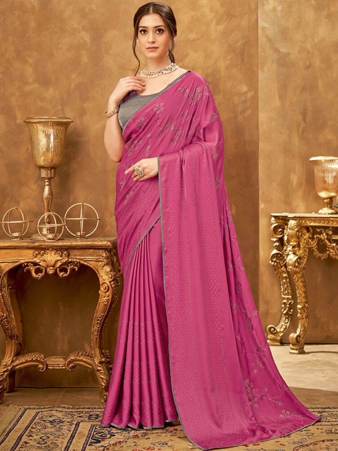 

Vishal Prints Sequinned Embellished Satin Saree, Rose