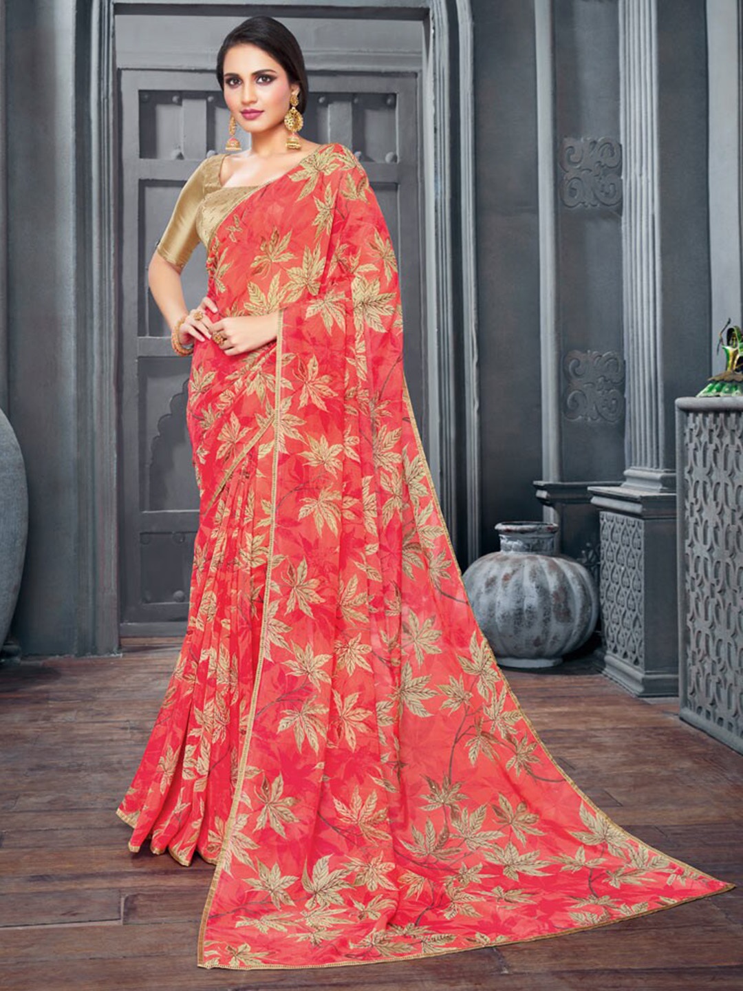 

Vishal Prints Floral Embellished Stone Work Organza Saree With Blouse Piece, Red