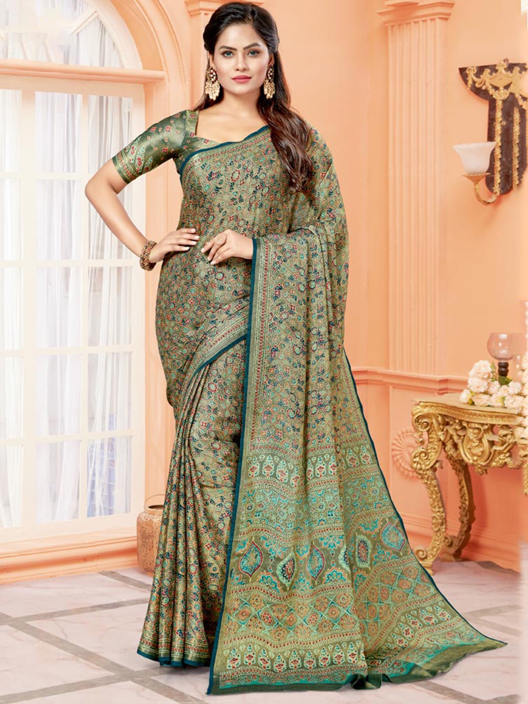 

Vishal Prints Ethnic Motifs Brasso Saree, Green