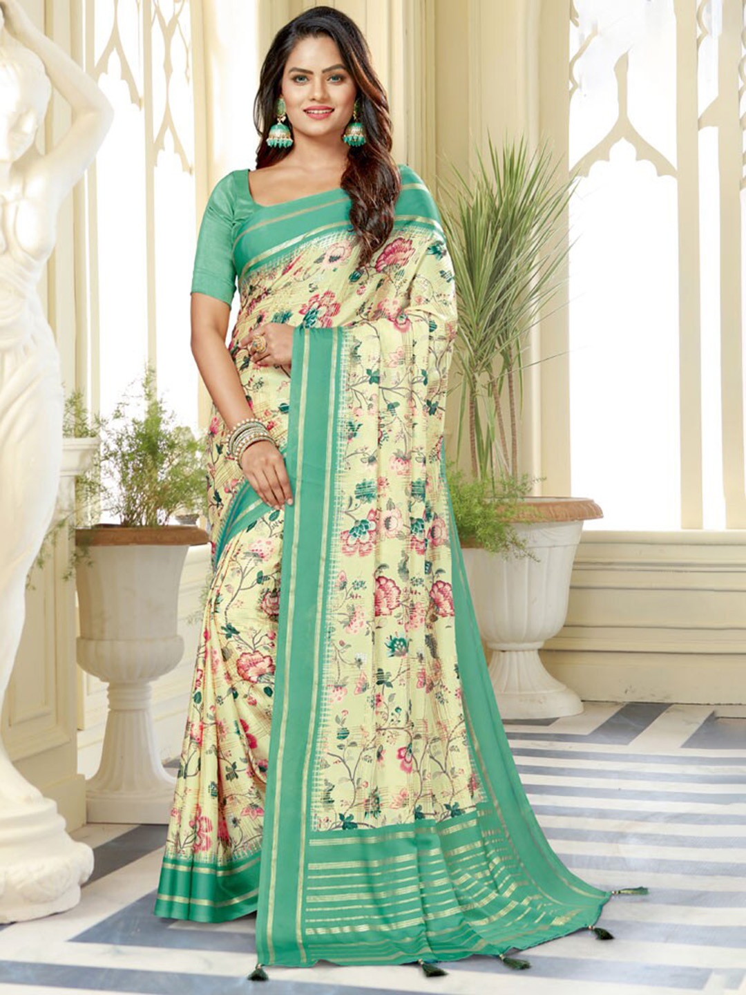 

Vishal Prints Floral Printed Satin Saree, Beige