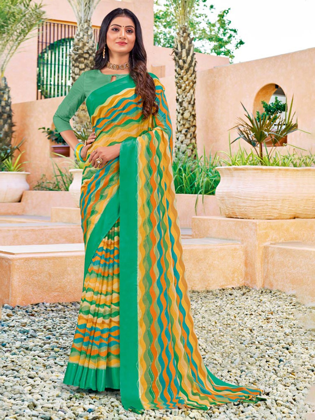 

Vishal Prints Abstract Poly Chiffon Saree With Blouse Piece, Teal