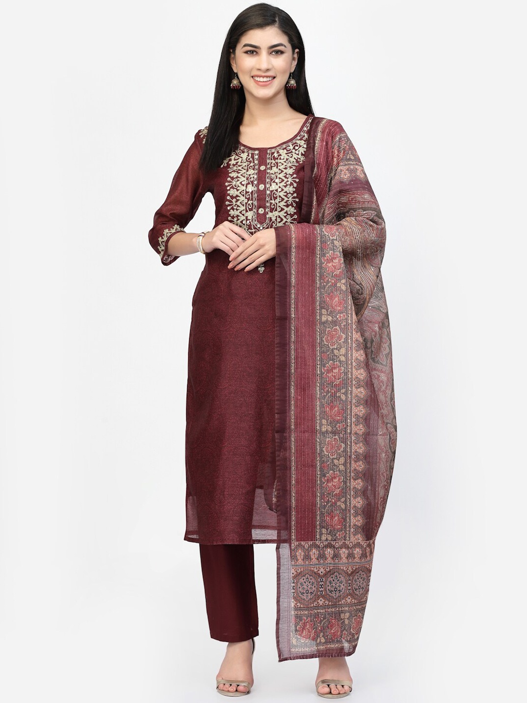 

YELLOW CLOUD Yoke Design Sequinned Kurta With Trousers & Dupatta, Maroon