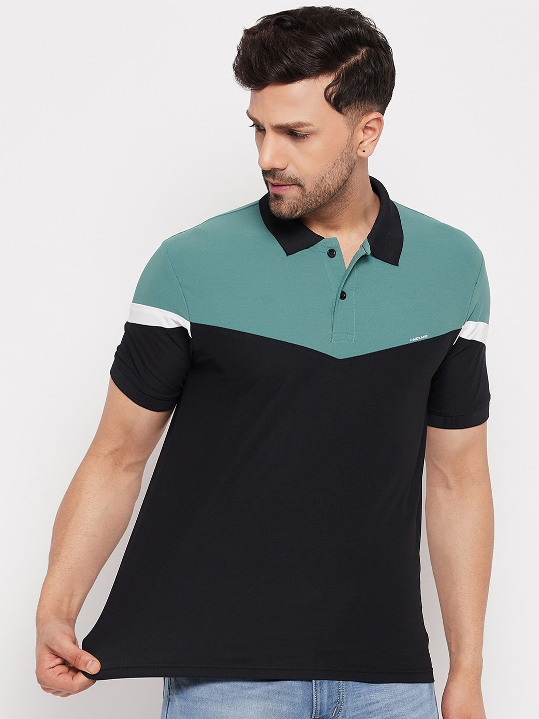 

Okane Colourblocked Polo Collar T-shirt, Black