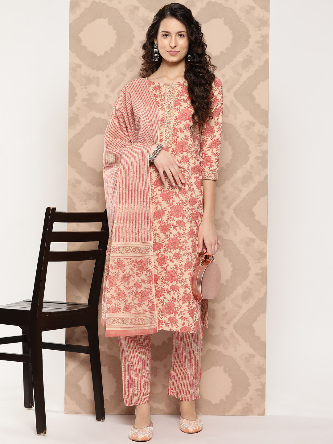 

Yufta Women Floral Embroidered Regular Gotta Patti Cotton Kurta with Trousers & Dupatta, Beige