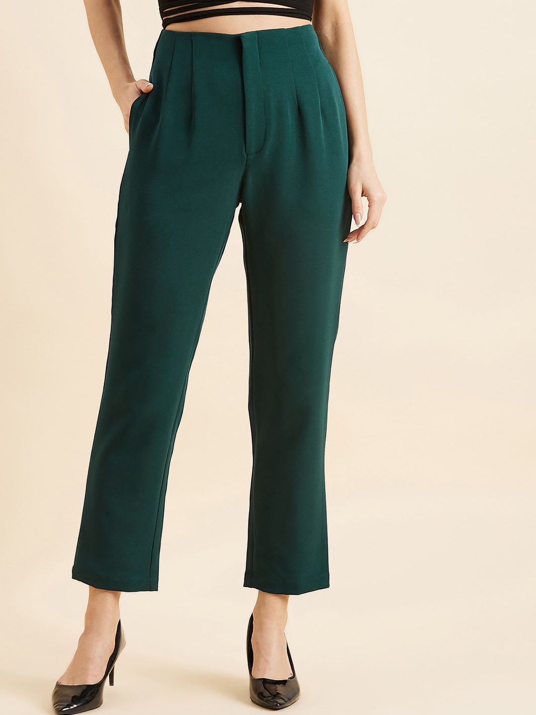 

PANIT Women Green Smart Straight Fit High-Rise Trousers