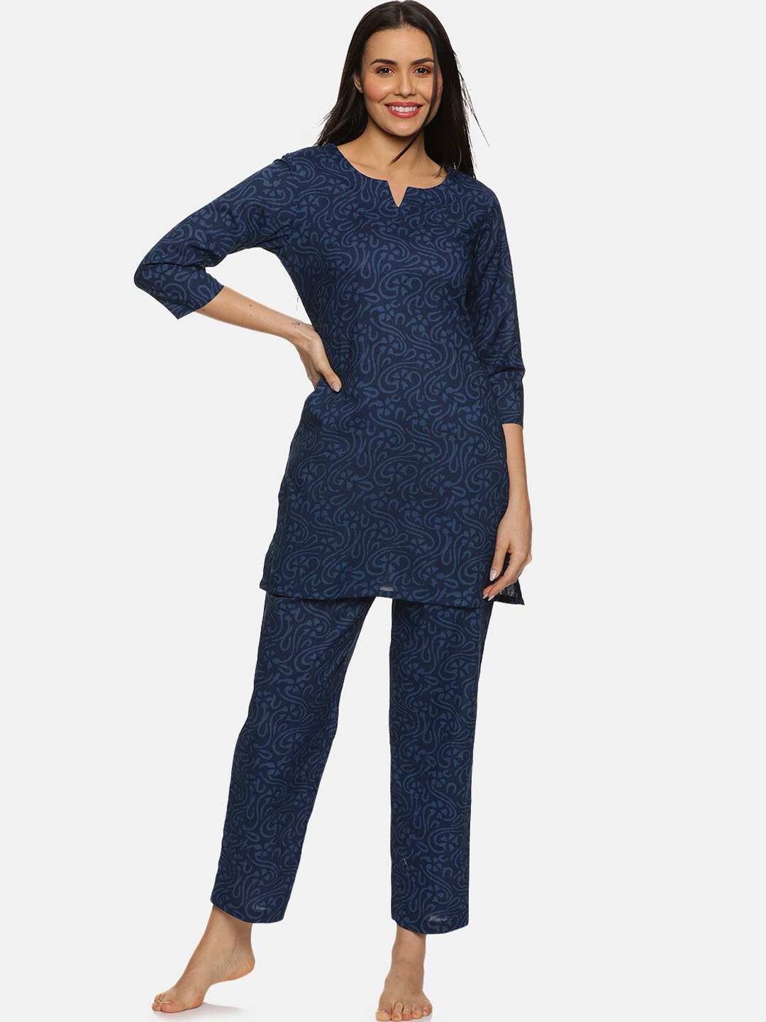 

Palakh Floral Printed Pure Cotton Night Suit, Blue