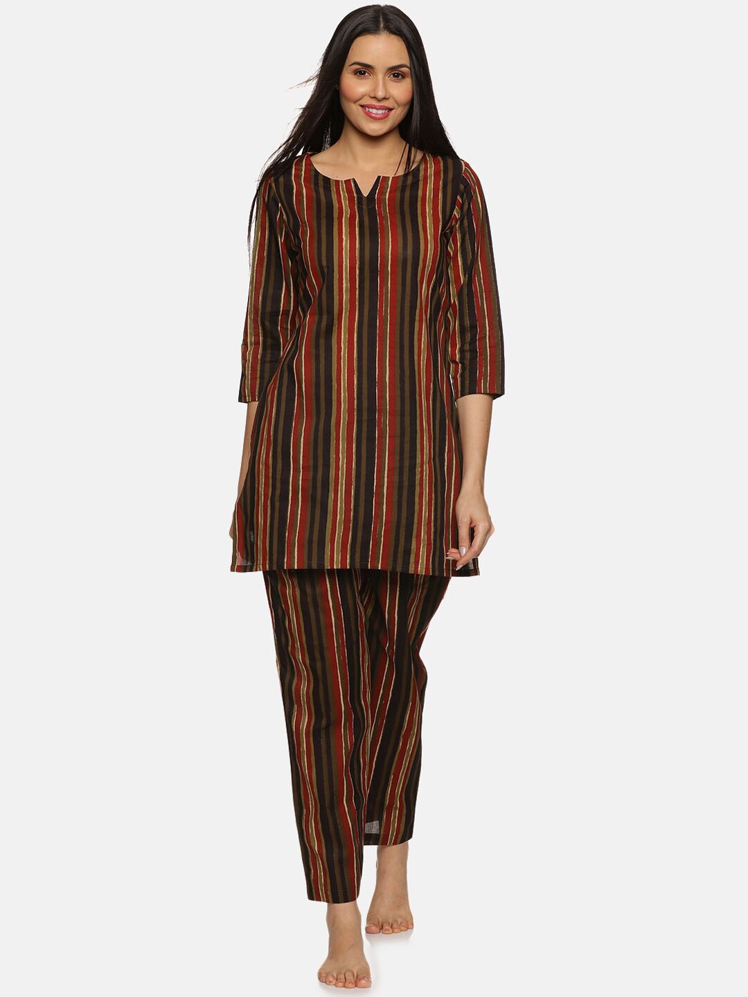 

Palakh Striped Pure Cotton Night Suit, Green