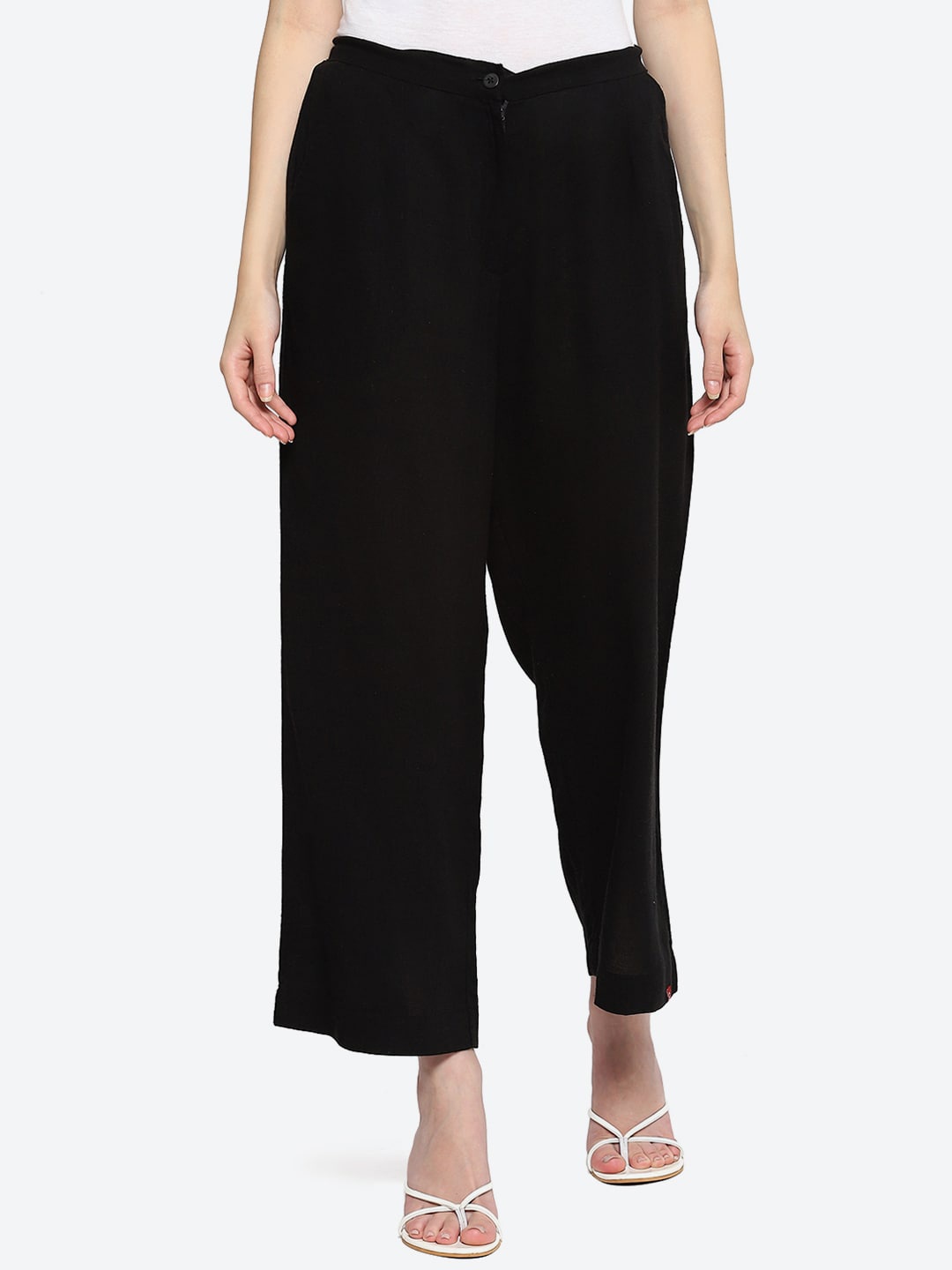 

Biba Women Relaxed Mid-Rise Cotton Parallel Trousers, Black