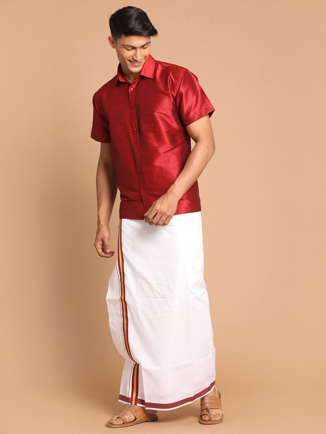 

VASTRAMAY Men Shirt with Veshti, Maroon