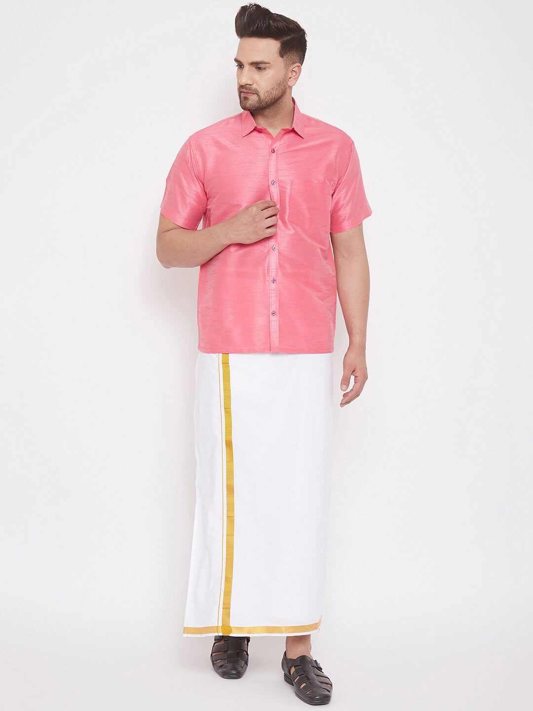 

VASTRAMAY Men Shirt With Zari Border Dhoti, Pink