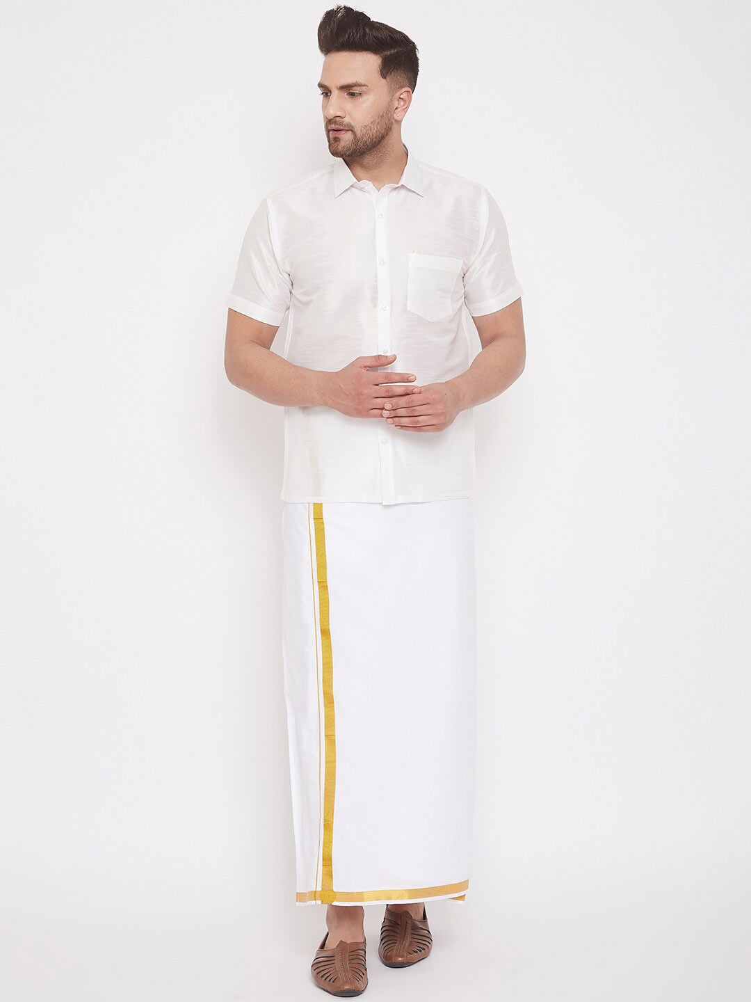 

VASTRAMAY Men Shirt With Zari Border Dhoti, White