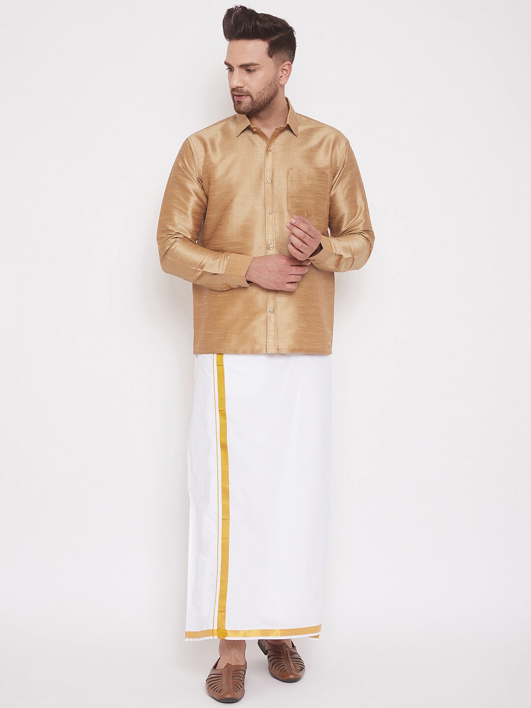 

VASTRAMAY Men Shirt With Zari Border Dhoti, Gold