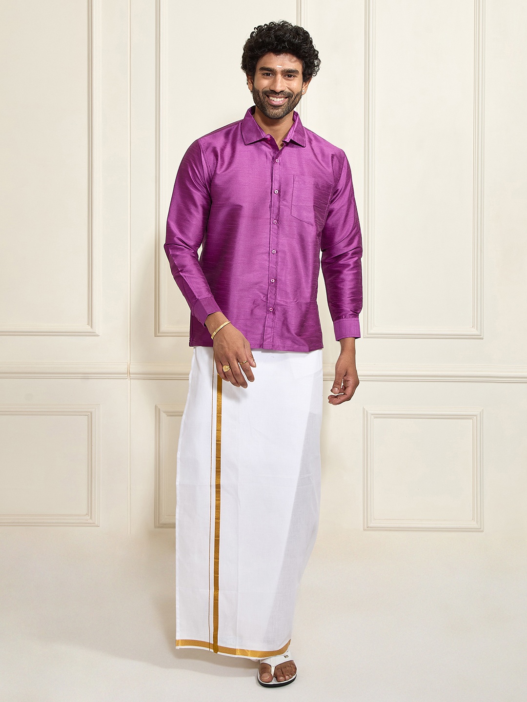 

VASTRAMAY Men Shirt With Zari Border Dhoti, Purple