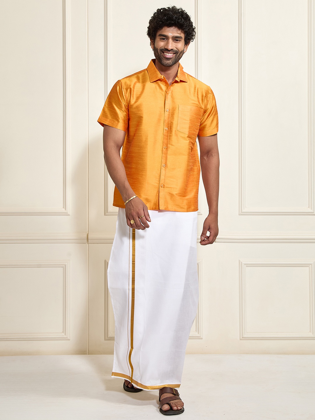 

VASTRAMAY Men Shirt With Zari Border Dhoti, Orange