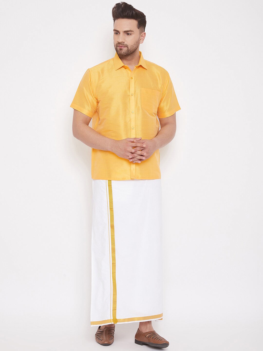 

VASTRAMAY Men Shirt With Zari Border Dhoti, Yellow