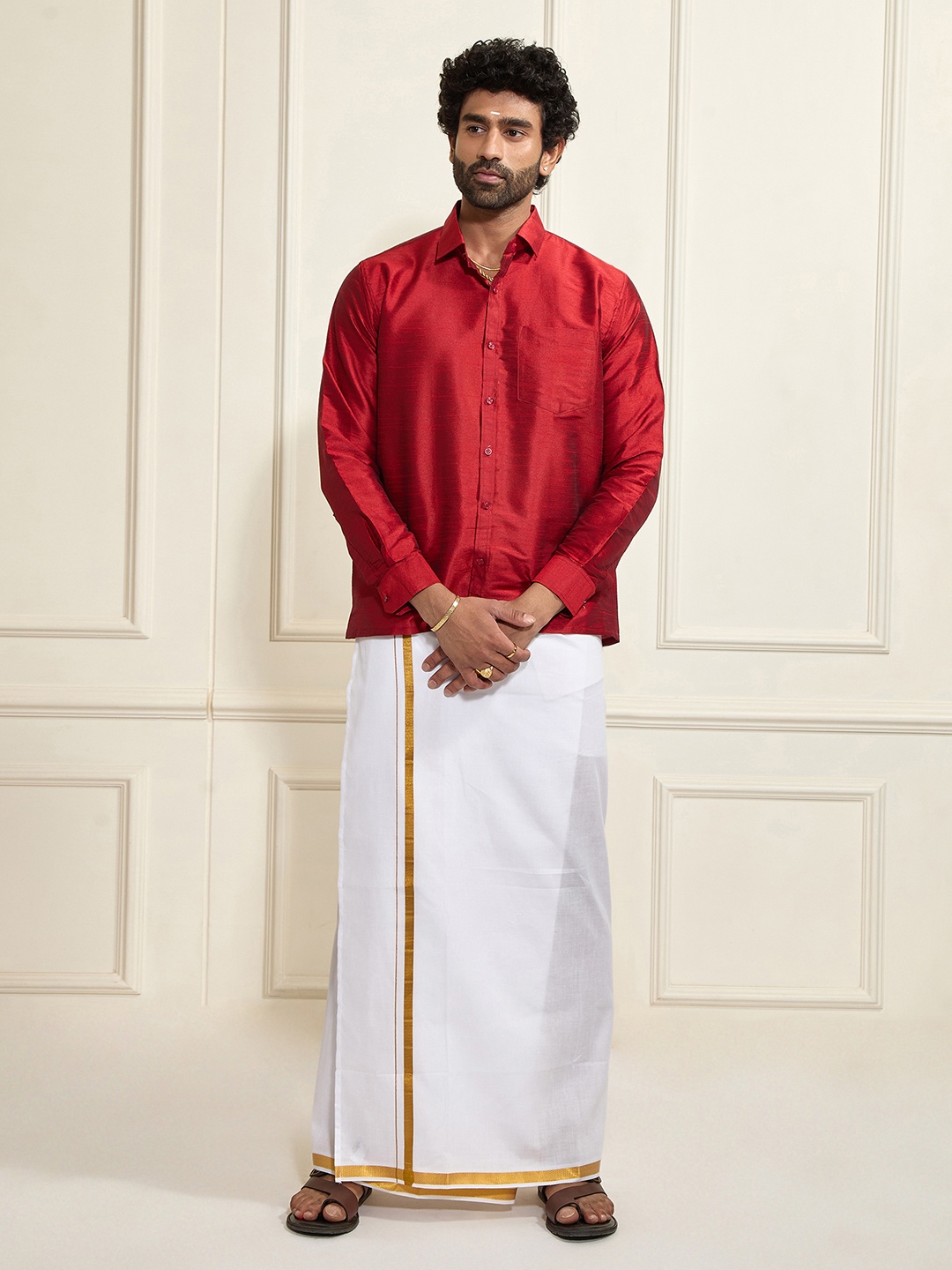 

VASTRAMAY Men Shirt With Zari Border Dhoti, Maroon