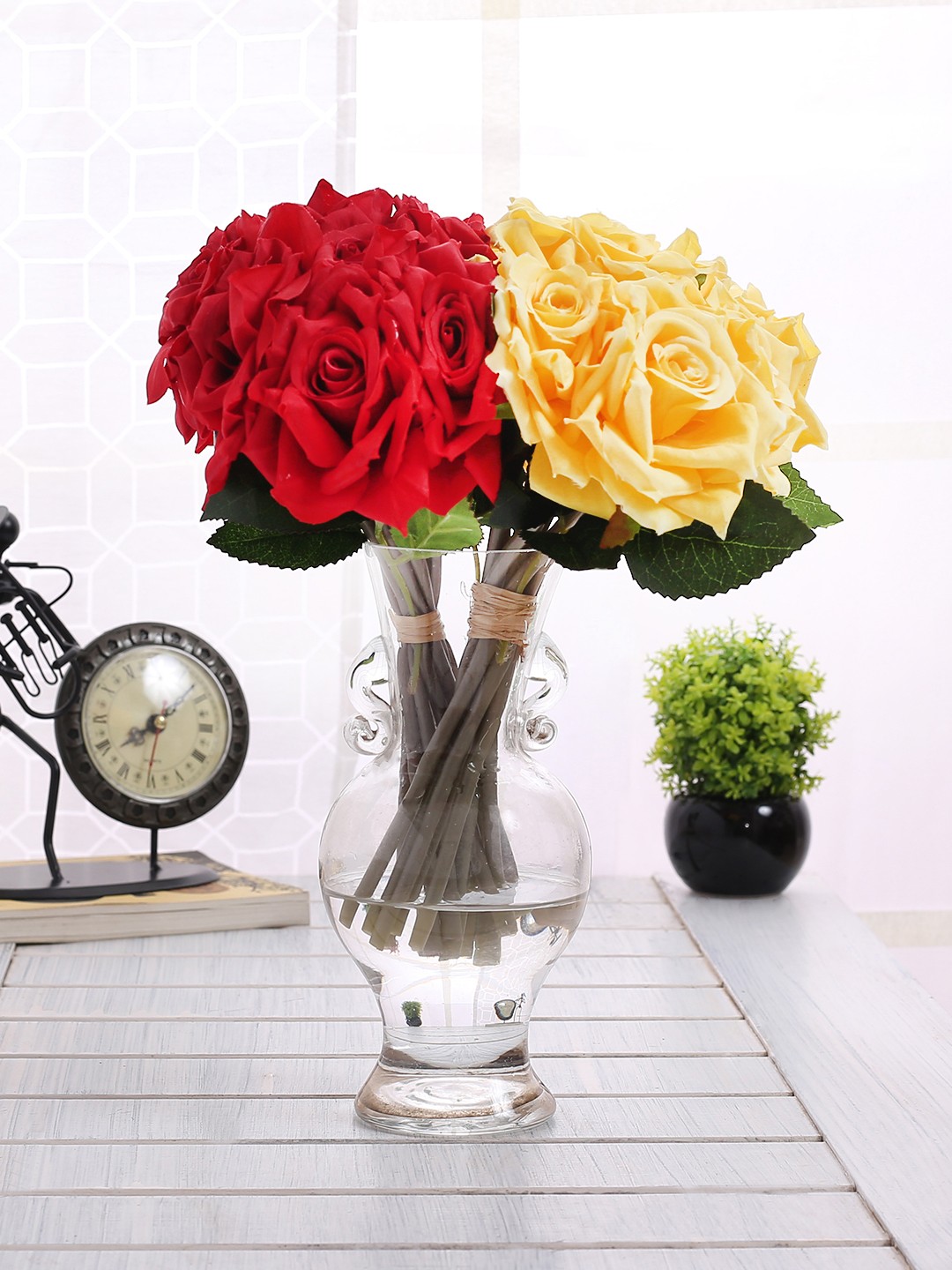 

Fourwalls Set Of 2 Red & Yellow Artificial Rose Flower Bunches Without Pot