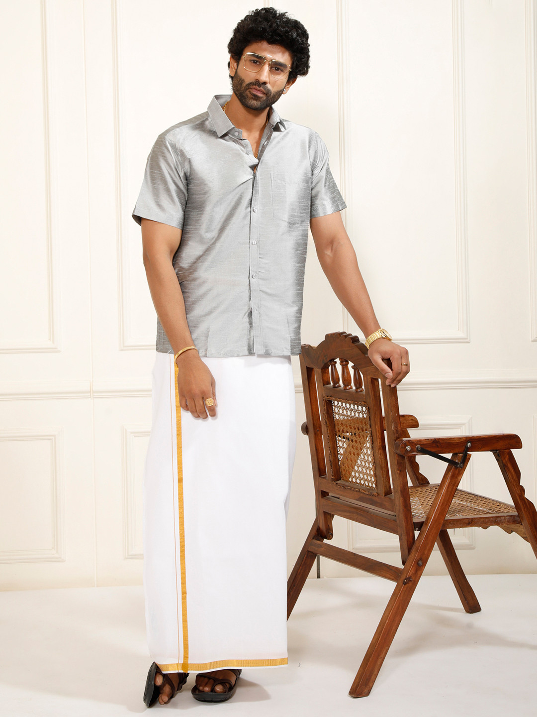 

VASTRAMAY Men Shirt With Zari Border Dhoti, Grey