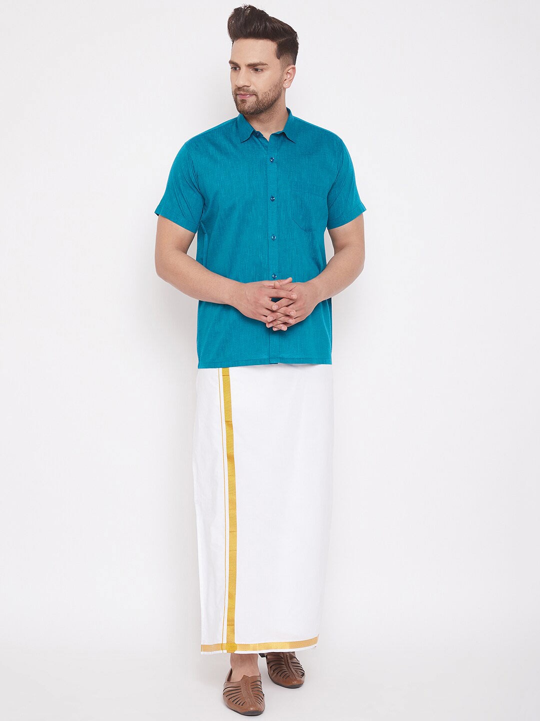 

VASTRAMAY Men Shirt With Zari Border Dhoti, Turquoise blue