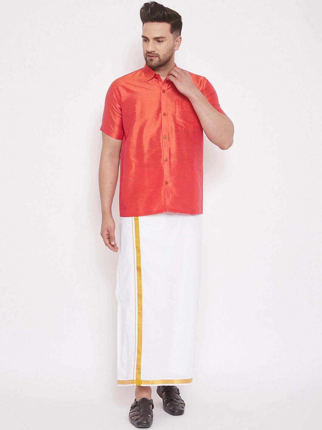 

VASTRAMAY Men Shirt With Zari Border Dhoti, Red