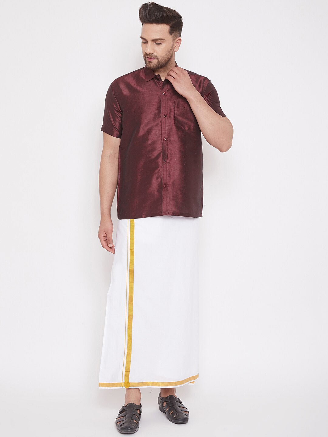 

VASTRAMAY Men Shirt With Zari Border Dhoti, Burgundy