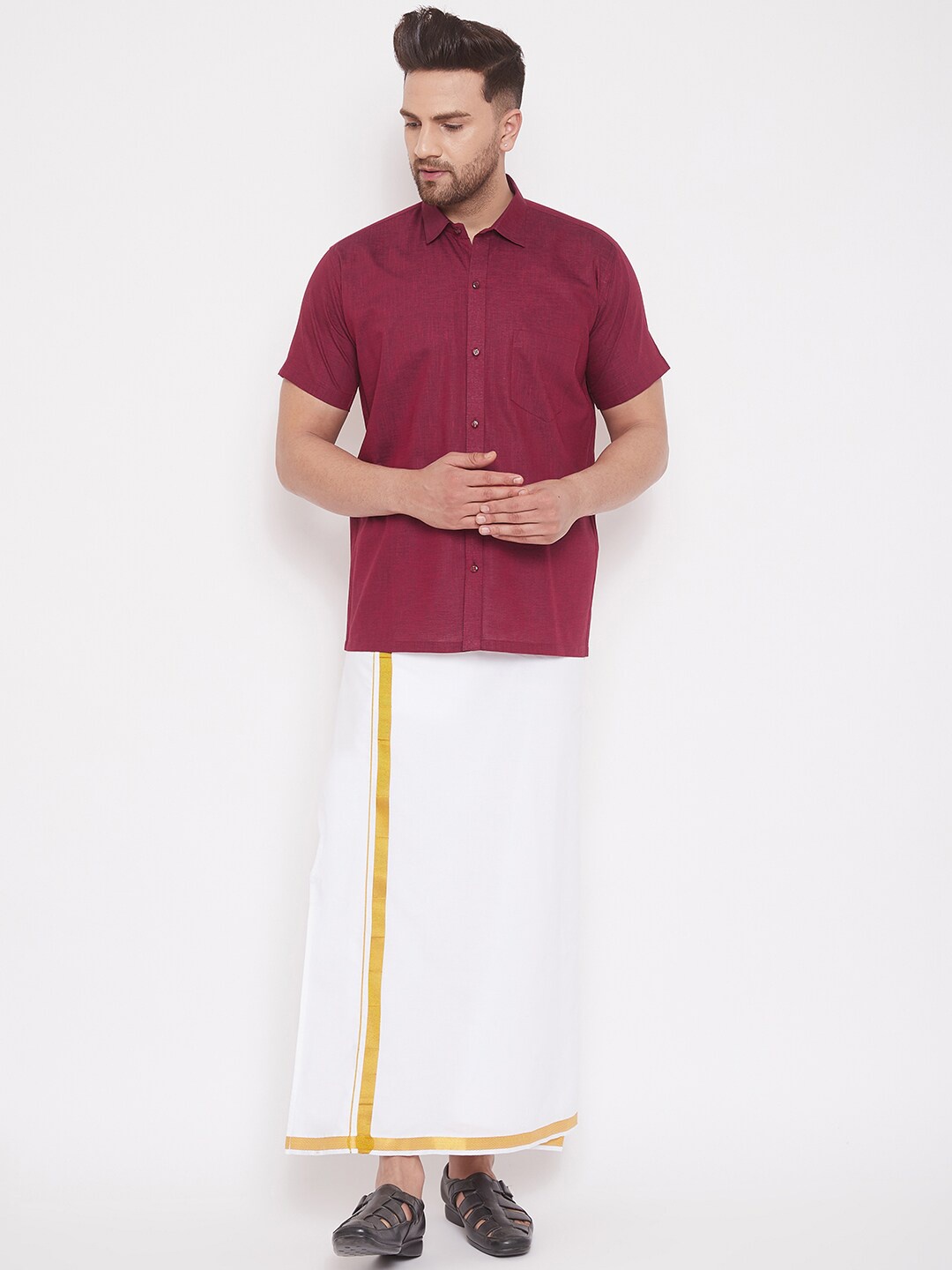 

VASTRAMAY Men Shirt with Veshti, Maroon