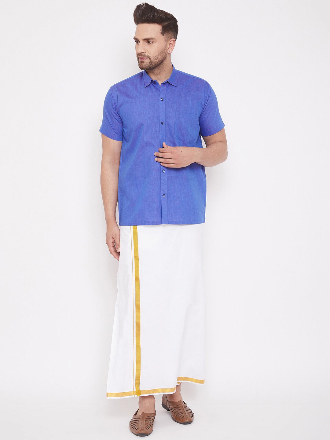 

VASTRAMAY Men Shirt With Zari Border Dhoti, Blue