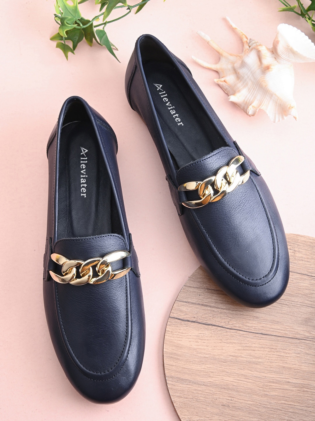 

Alleviater Buckle Embellished Leather Ballerinas, Navy blue