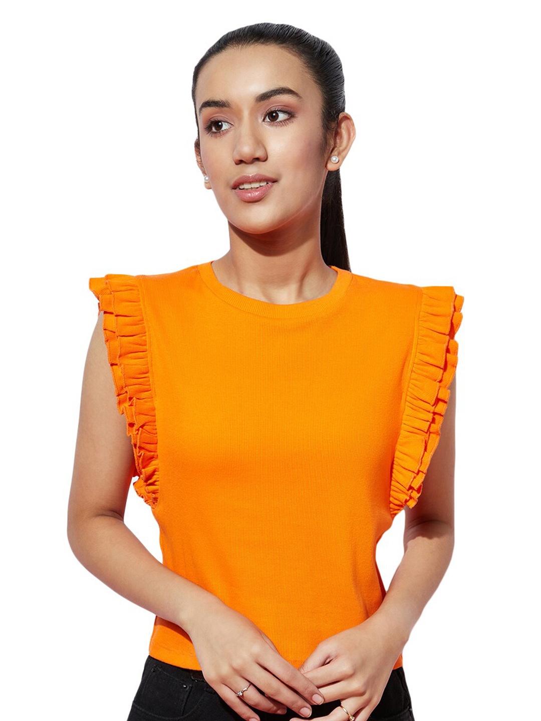 

SPUNKIES Round Neck Flutter Sleeves Cotton Top, Orange