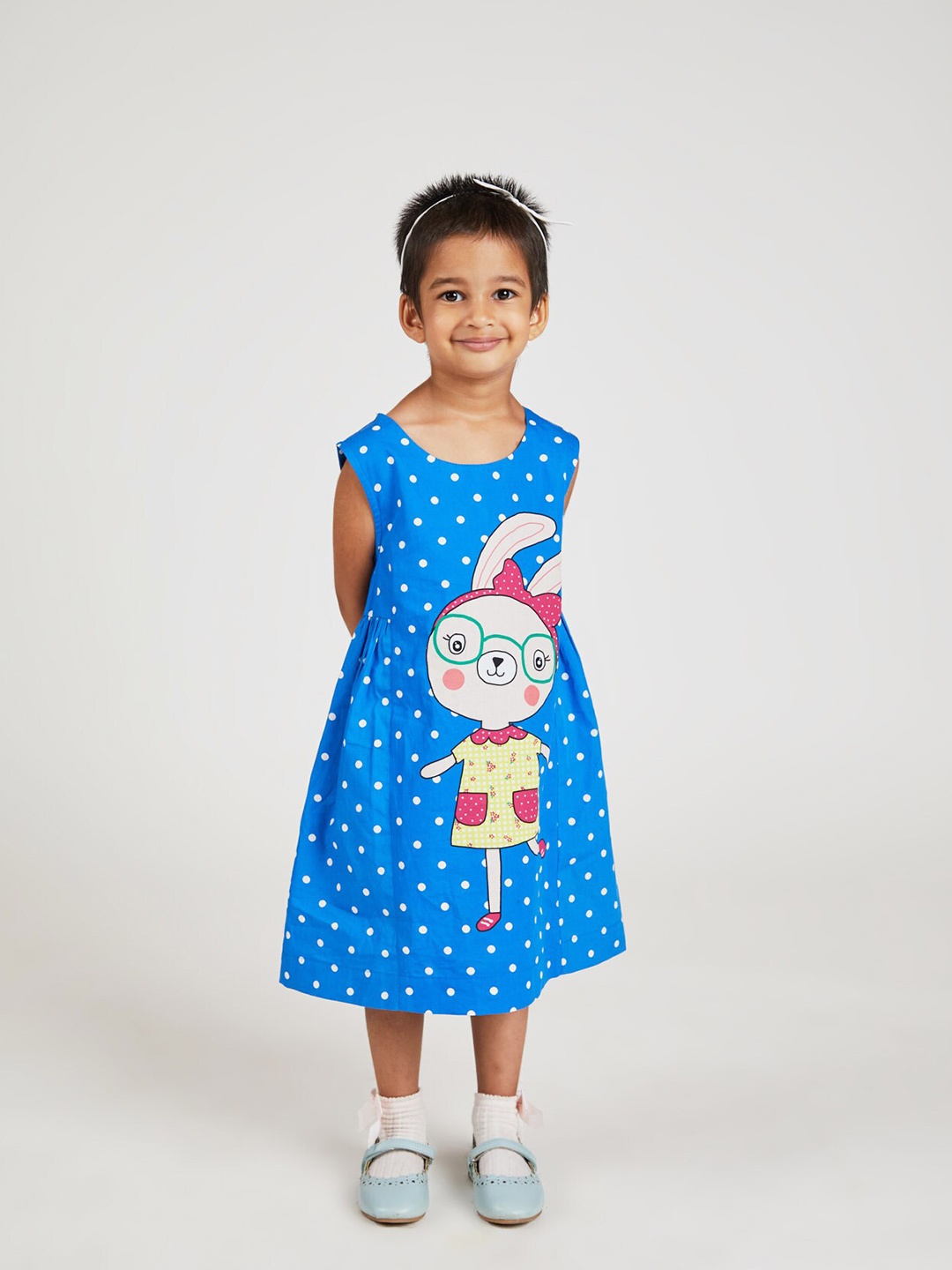 

YK Girls Printed Sleeveless Pure Cotton A-Line Midi Dress, Blue