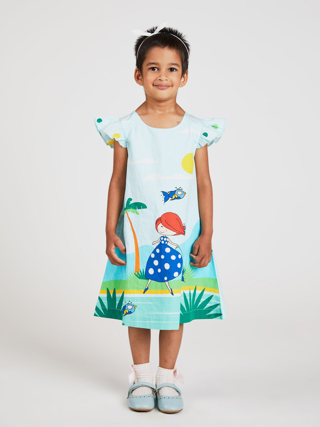 

YK Girls Printed Flutter Sleeve Pure Cotton A-Line Midi Dress, Blue