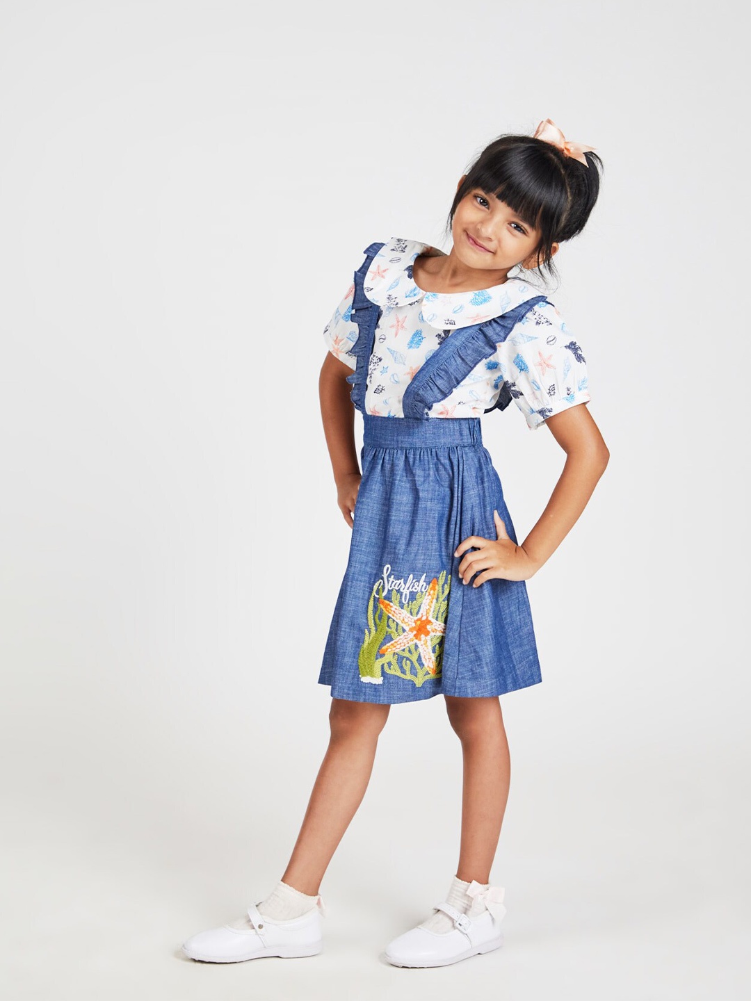 

YK Girls Embroidered Pure Cotton Denim Pinafore Dress, Blue