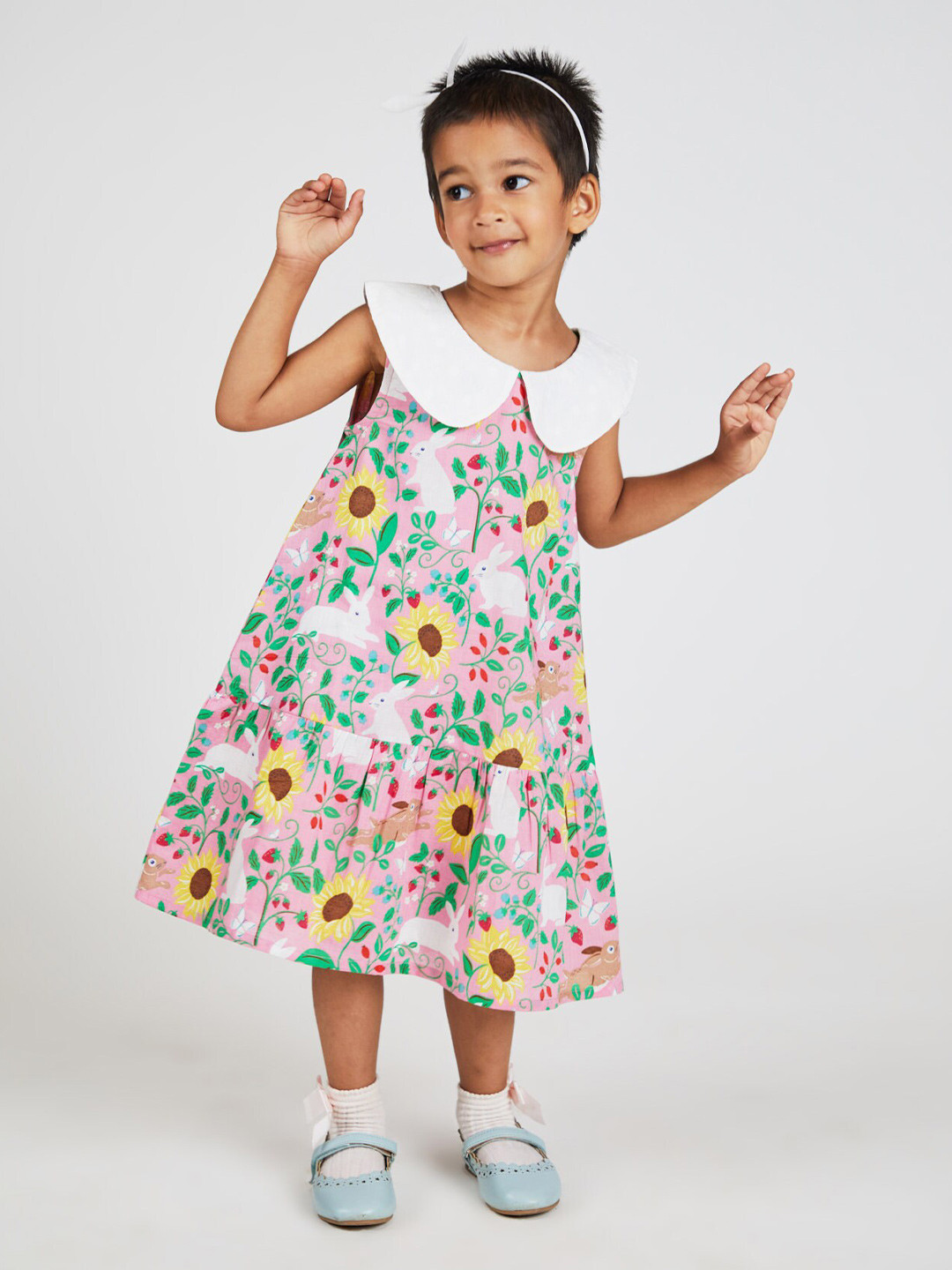 

YK Girls Floral Printed Peter Pan Collar Pure Cotton A-Line Dress, Pink