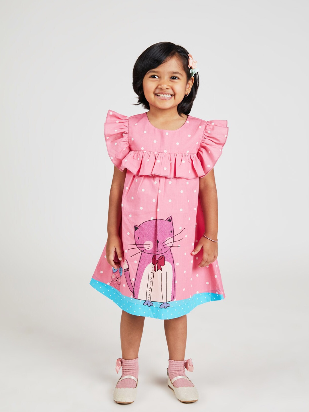 

YK Girls Printed Ruffled Pure Cotton A-Line Dress, Pink