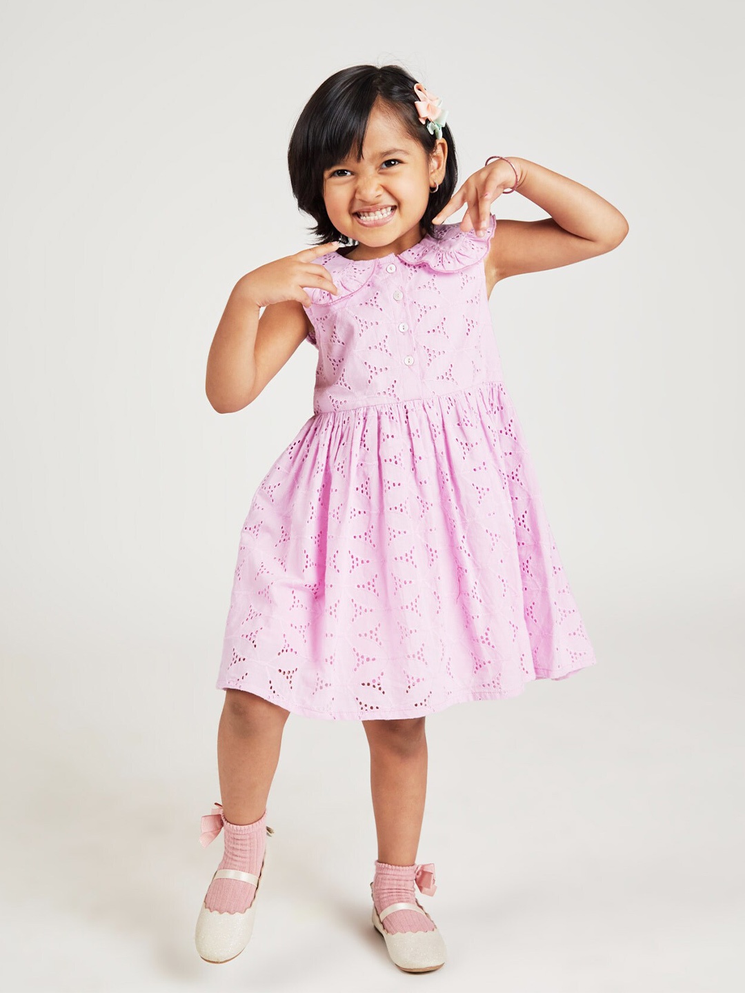 

YK Girls Peter Pan Collar Pure Cotton Schiffli Fit & Flare Dress, Purple