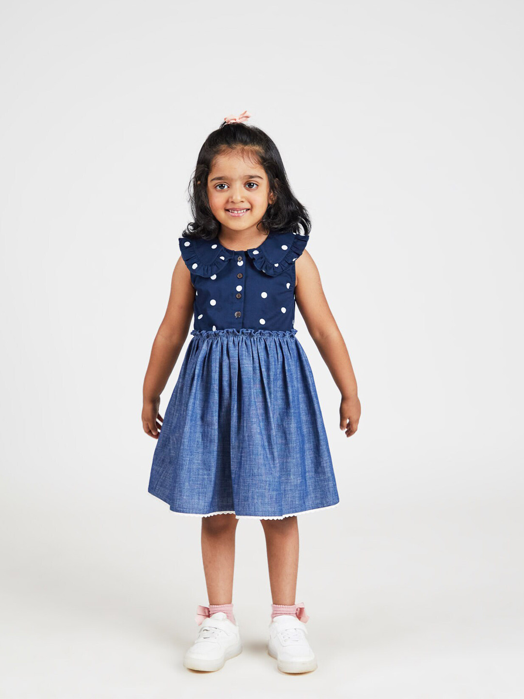 

YK Girls Polka Dots Printed Peter Pan Collar Pure Cotton Denim Fit & Flare Dress, Blue