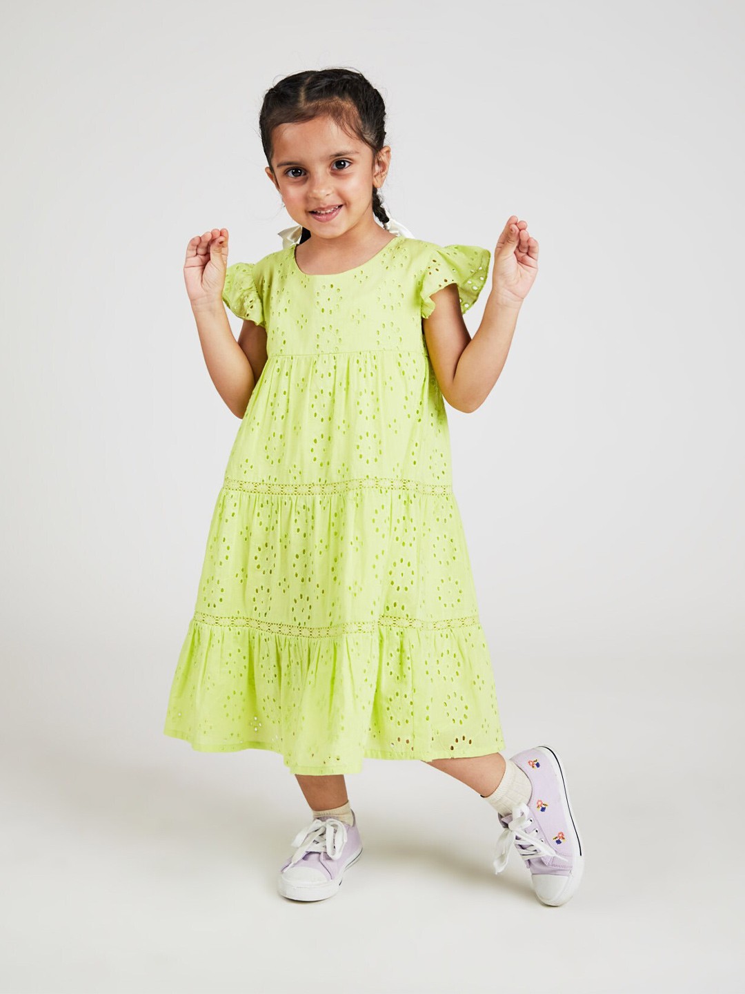 

YK Girls Flutter Sleeve Pure Cotton Schiffli Tiered A-Line Midi Dress, Green