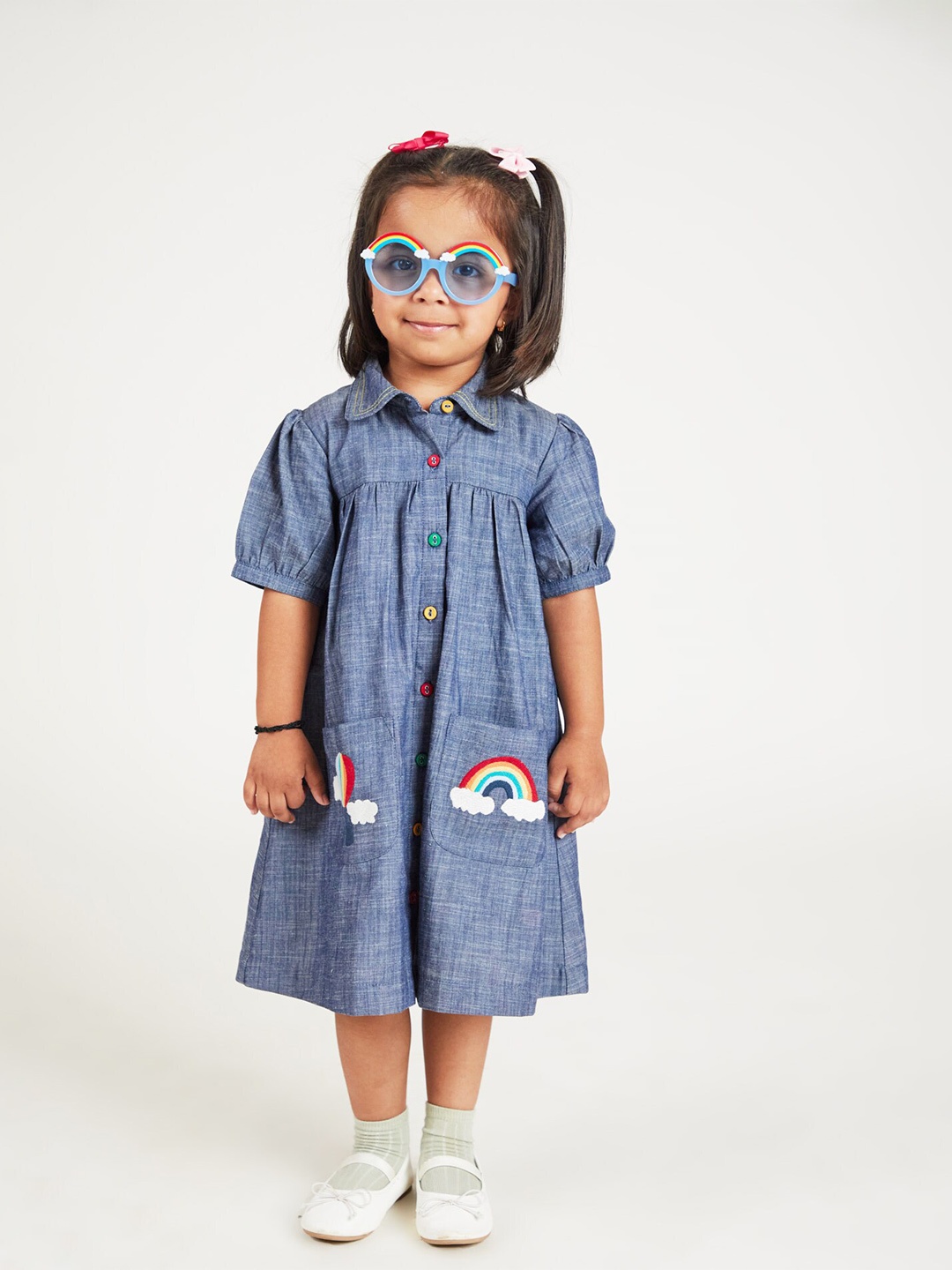 

YK Girls Embroidered Pure Cotton Denim Shirt Dress, Blue