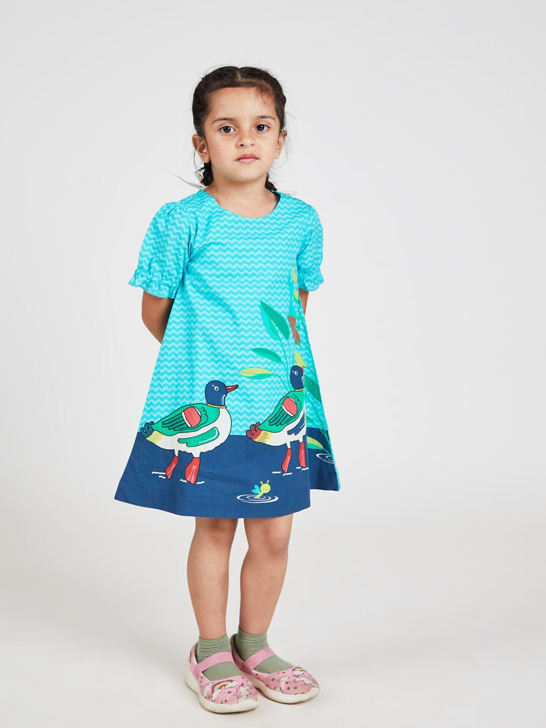 

YK Girls Conversational Printed Pure Cotton A-Line Dress, Blue