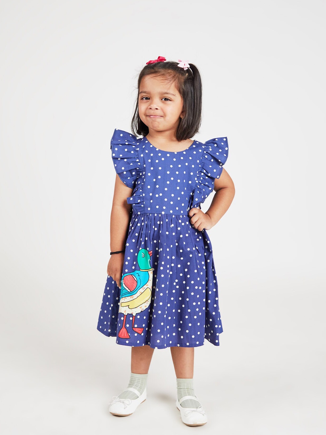 

YK Girls Polka Dot Printed Flutter Sleeve Pure Cotton Fit & Flare Mini Dress, Blue