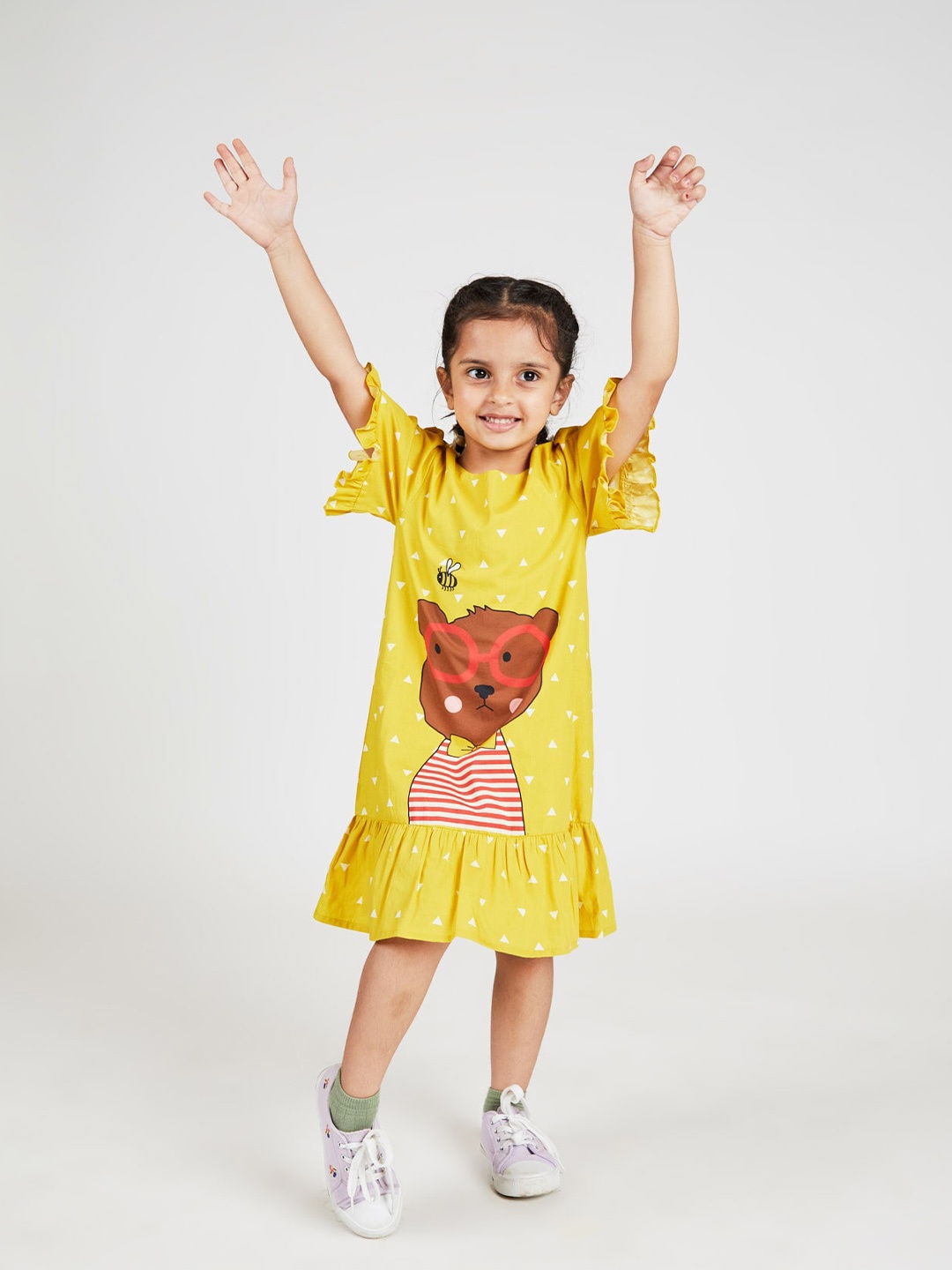 

YK Girls Graphic Printed Pure Cotton A-Line Midi Dress, Yellow
