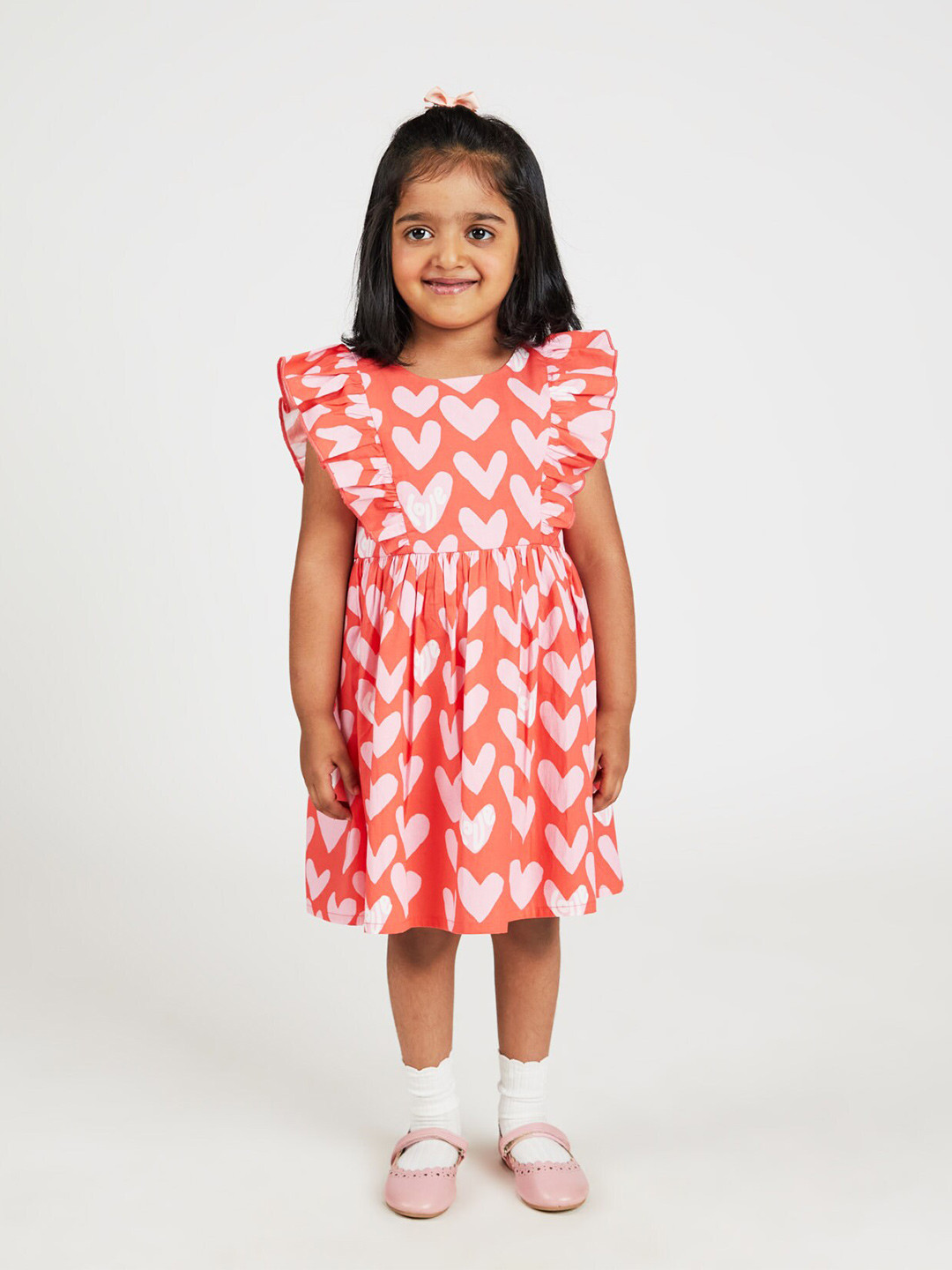 

YK Girls Geometric Printed Flutter Sleeve Pure Cotton Fit & Flare Dress, Red