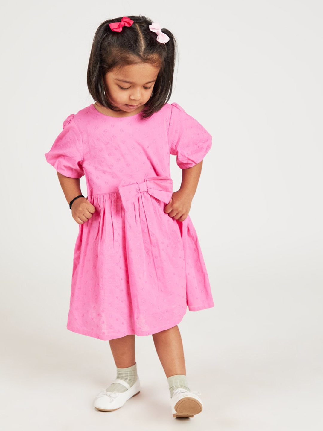 

YK Girls Schiffli Embroidered Pure Cotton Fit And Flare Dress, Pink
