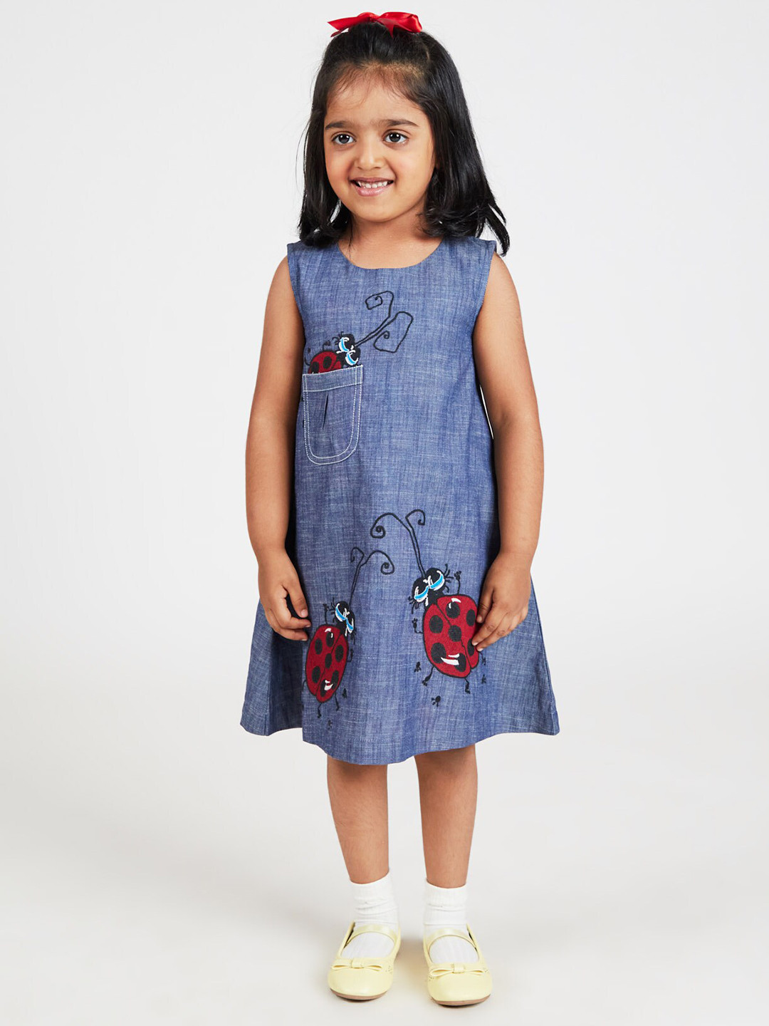 

YK Girls Graphic Embroidered Pure Cotton Denim A-Line Midi Dress, Blue