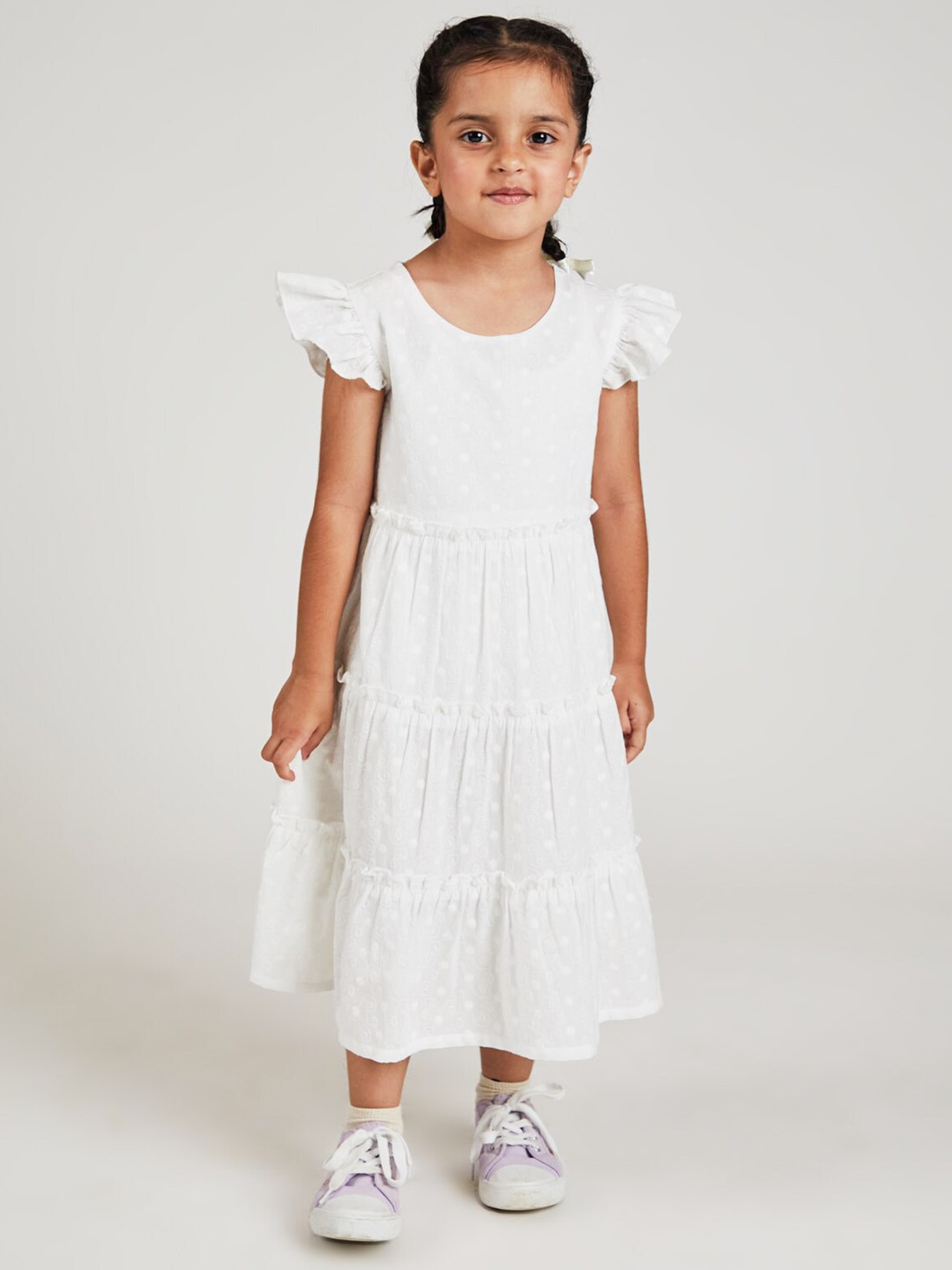 

YK Girls Flutter Sleeve Tiered Pure Cotton A-Line Midi Dress, White