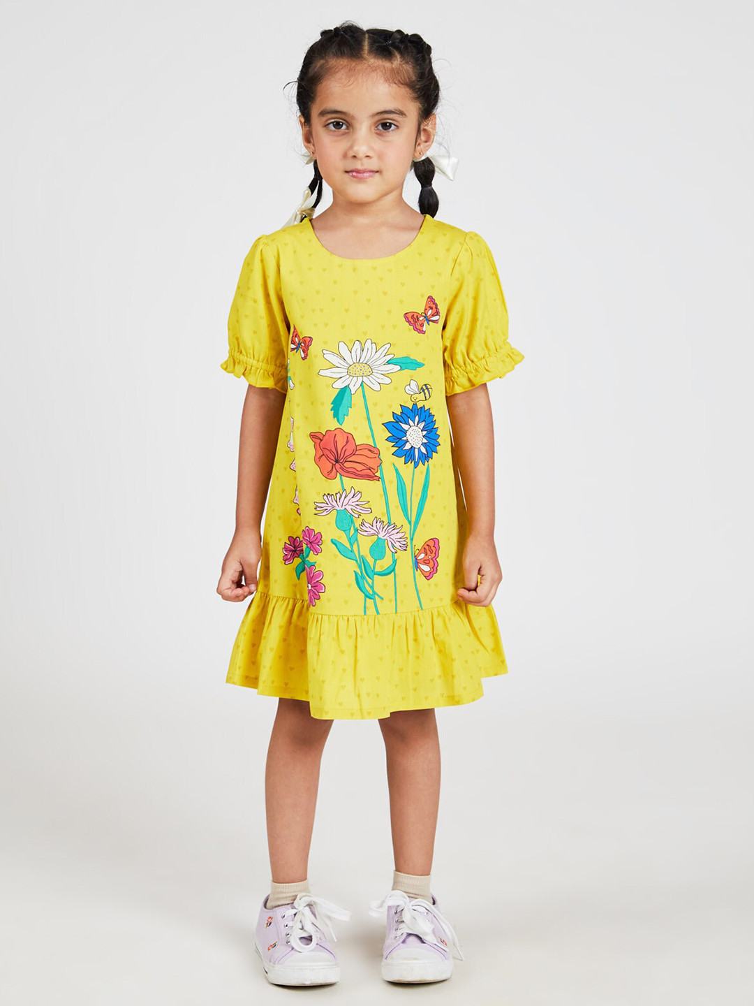 

YK Girls Floral Printed Flared Sleeve Pure Cotton A-Line Dress, Yellow