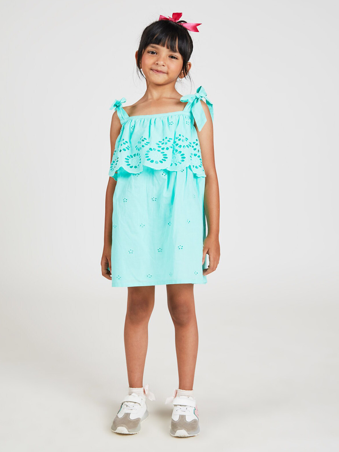 

YK Girls Schiffli Embroidered Pure Cotton A-Line Dress, Blue